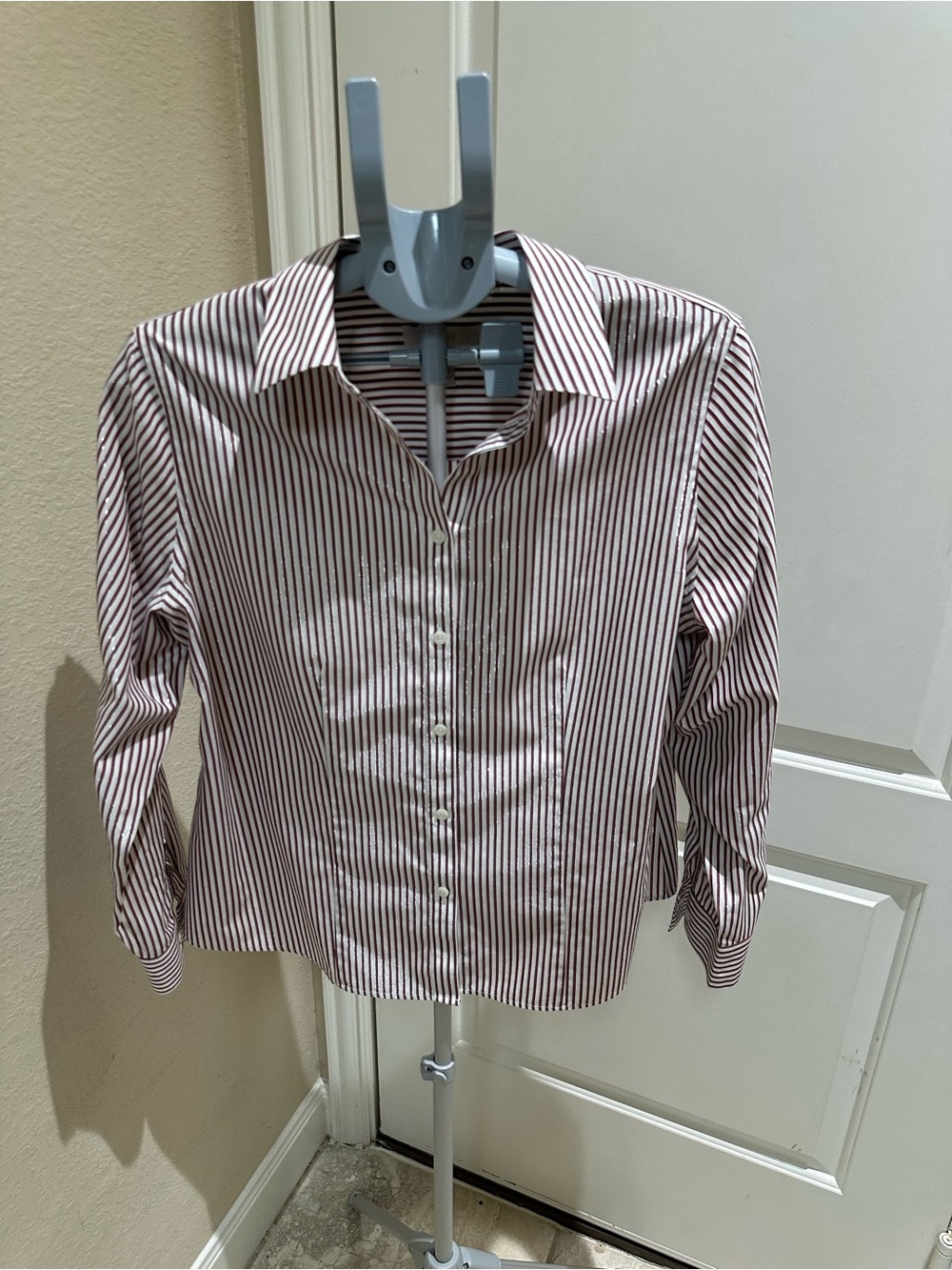 Chico's Burgundy and White Striped Button-Down Shirt